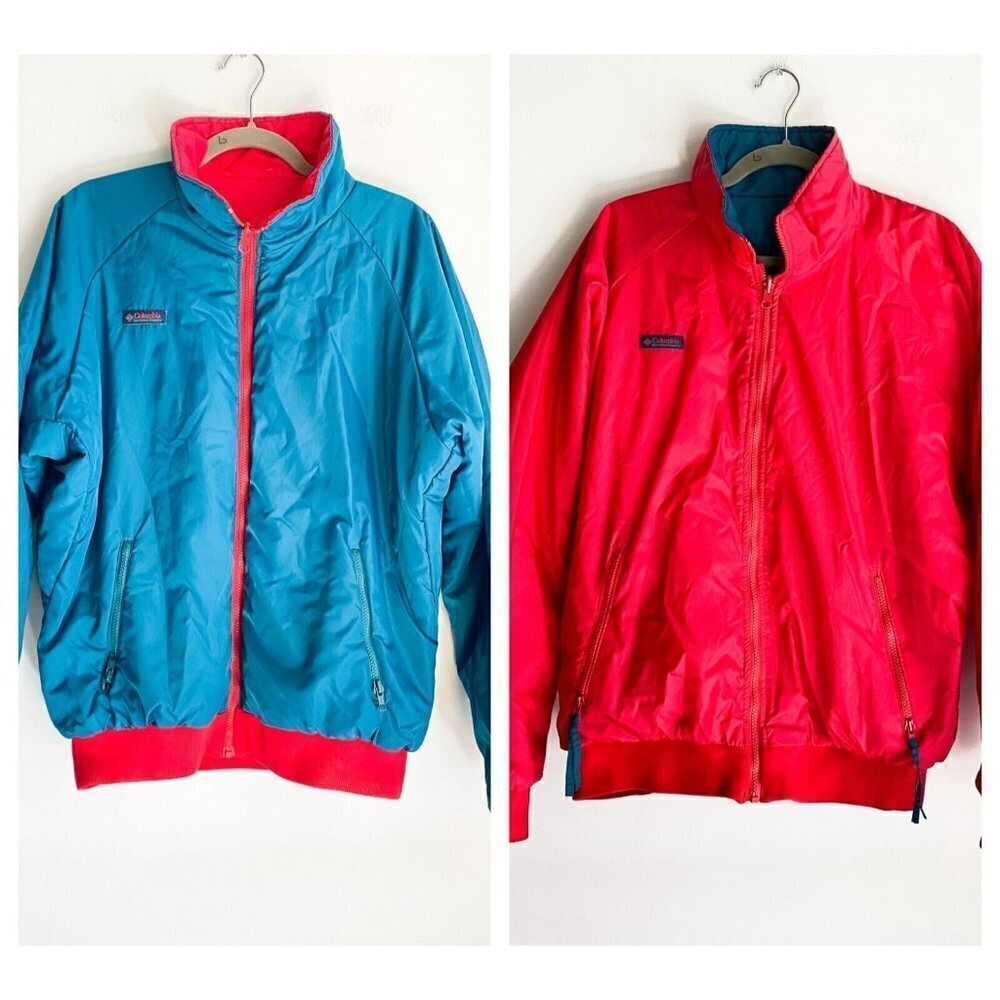 Vintage Columbia Reversible Red  Teal men's Classic Nylon Bomber Jacket L